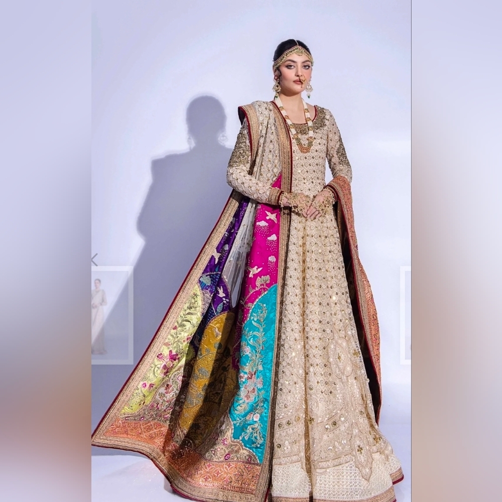 SOLD-Offwhite Embroidered Anarkali With Multicolor Shawl Duppata - Fahad Hussayn